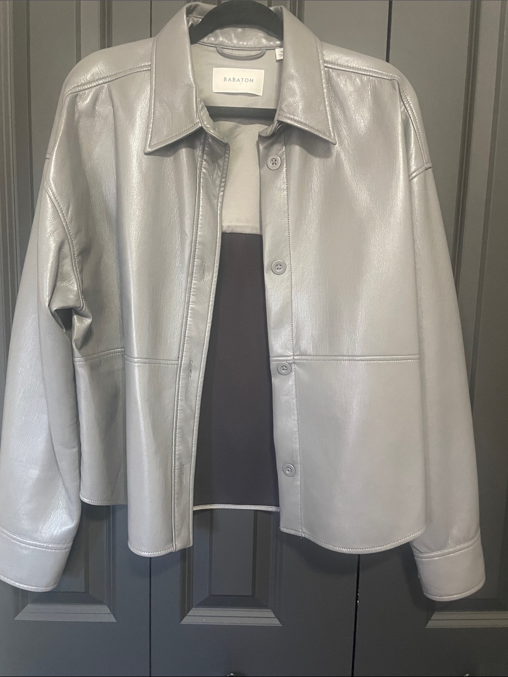 Babaton Peli Hip Shirt Jacket Gray vegan leather Button-Front Jacket